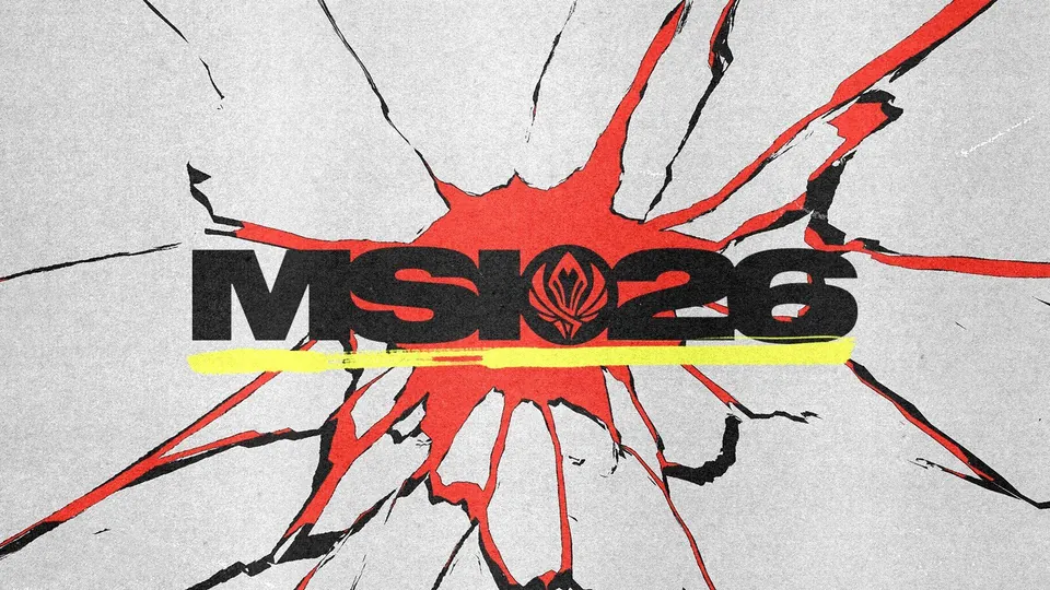 The MSI 26 logo in black over a cracked white wall with a red splash