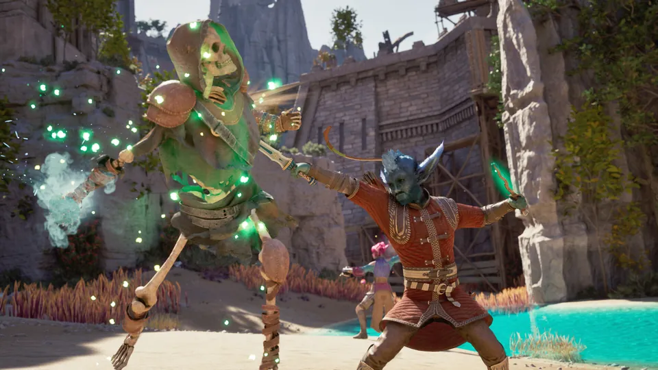 A glowing green skeleton spellcaster clashes with a horned blue-skinned fighter beside a turquoise pool