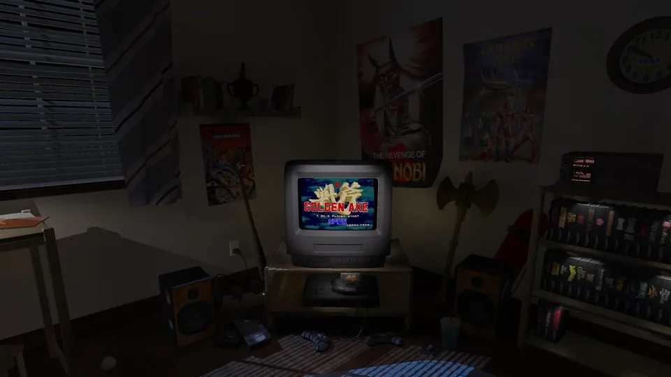 The Golden Axe title screen glows on an old TV in a dim room with Streets of Rage and Shinobi posters and a giant axe