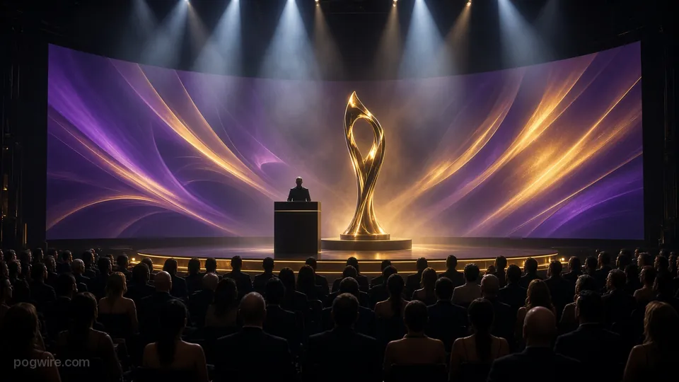Illustration: a host at a podium beside a giant golden trophy sculpture on an awards show stage