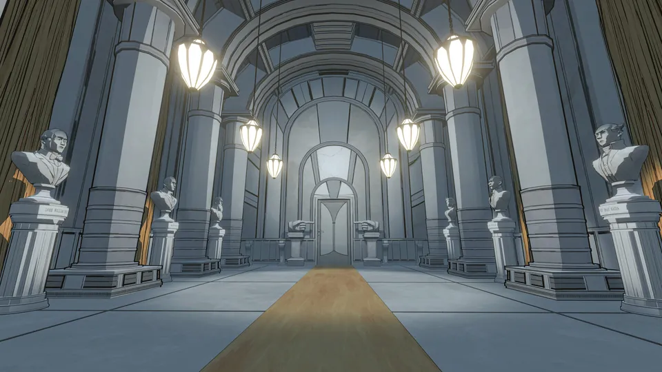 Blue Prince screenshot: a pale marble hallway lined with busts and lamps inside Mount Holly manor