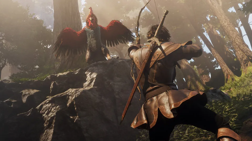 A Fable archer ducks a giant red bird with spread wings on a rocky path
