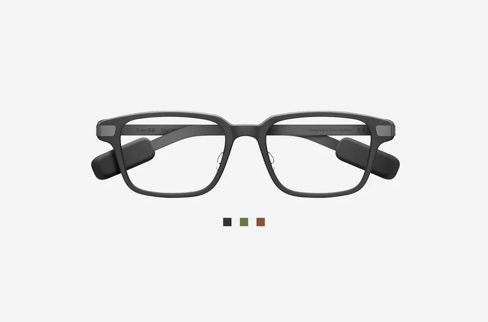 Even G2 B smart glasses with a rectangular grey frame, above three color swatches