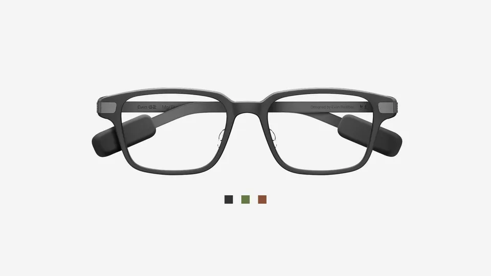 Even G2 B smart glasses with a rectangular grey frame, above three color swatches