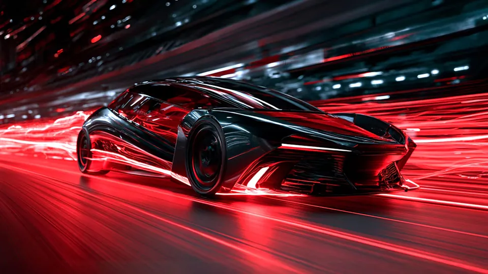 Black concept sports car speeding through a tunnel with red light trails, from AMD's FSR technology page