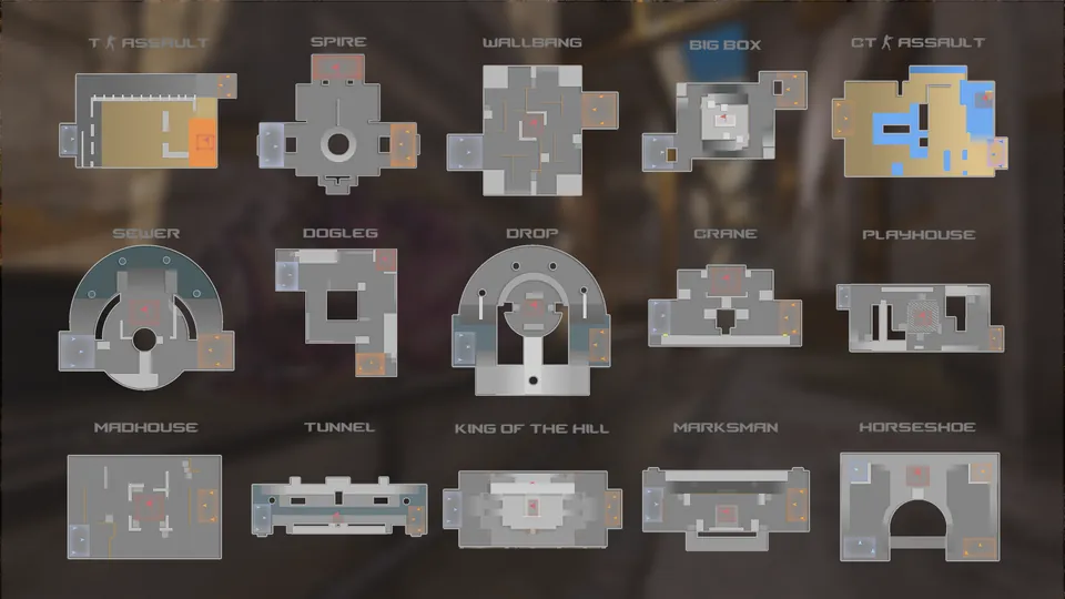 Overhead layouts of the 15 CS2 Rush battle arenas, from T Assault and Spire to King of the Hill and Horseshoe