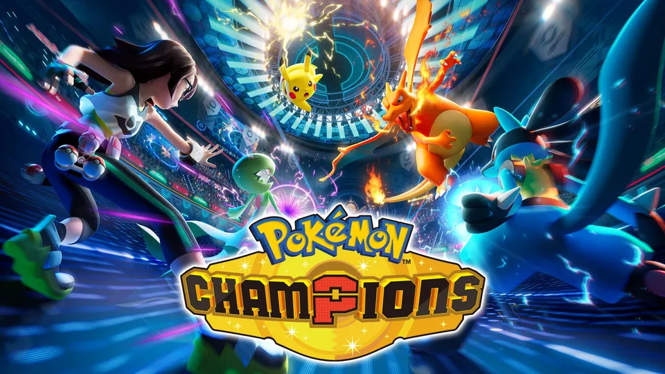 Pokémon Champions key art with trainers, Pikachu, Charizard and other Pokémon above the game logo