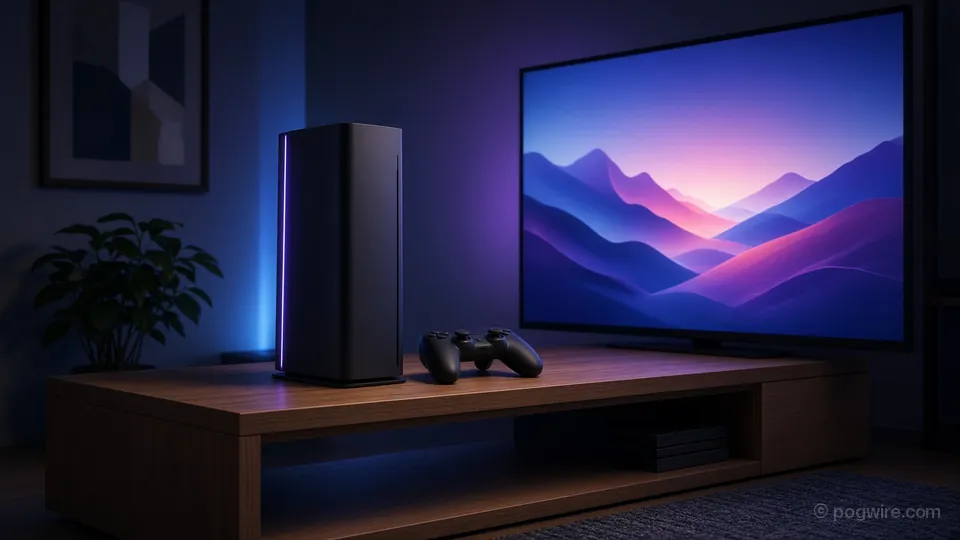 Illustration: an unbranded game console and controller on a media cabinet in a dark living room, a TV glowing behind