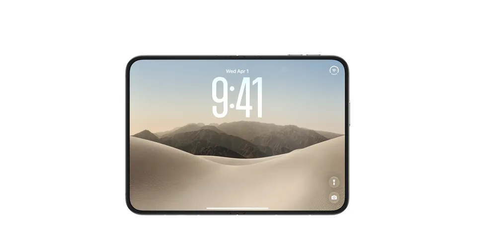 An open iPhone Duo showing the Lock Screen clock across the 7.6-inch inner display