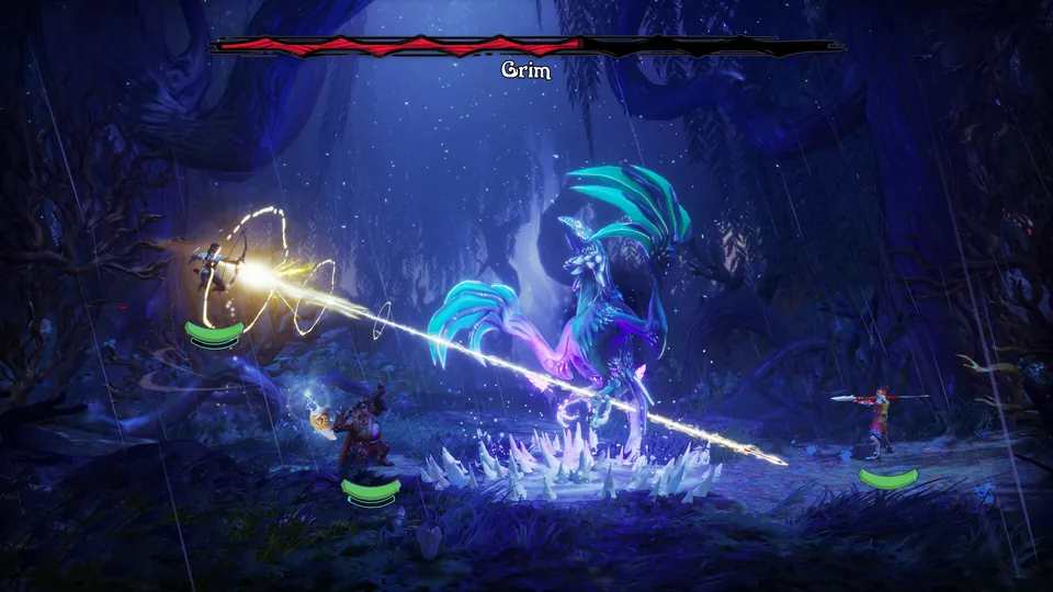 Four heroes battle a glowing blue boss called Grim in a dark crystal cave in Trine 6: Together in Time