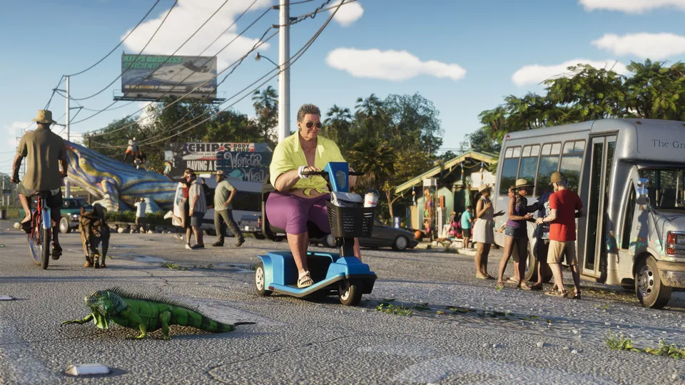 A woman rides a mobility scooter past an iguana in the Leonida Keys, GTA 6