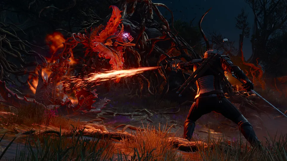 Geralt casts a burst of fire at a flaming creature among twisted roots in The Witcher 3: Songs of the Past