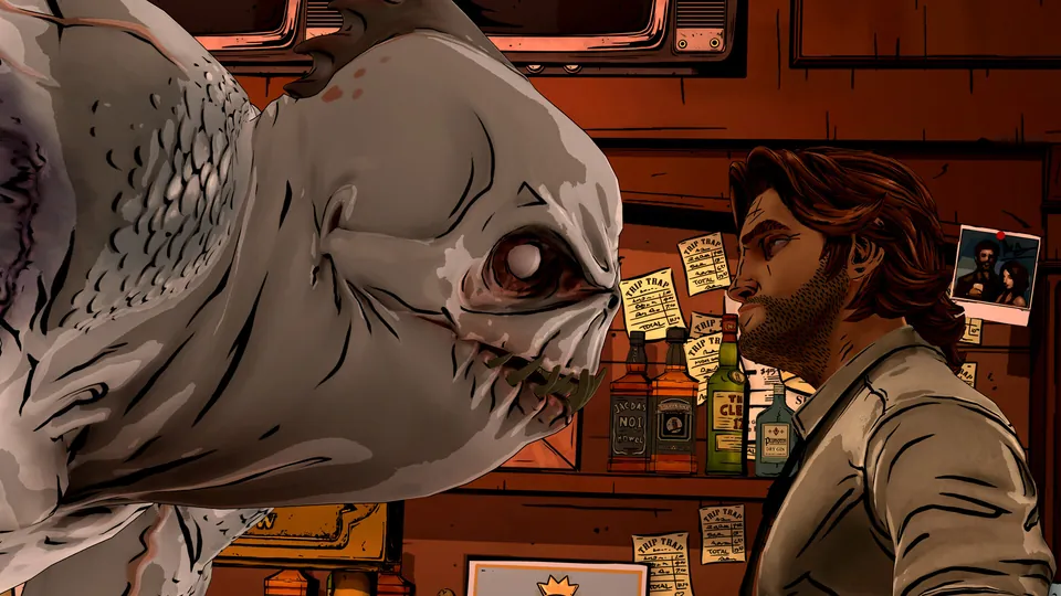 Bigby Wolf faces a pale, fanged Fable across a bar in The Wolf Among Us Remastered