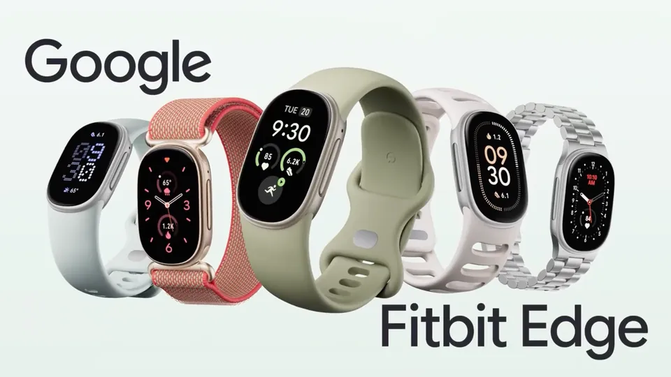 Five Fitbit Edge trackers in different finishes and bands lined up between the Google and Fitbit Edge logos