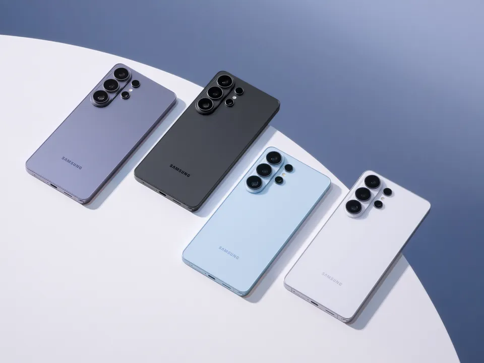 Four Galaxy S26 series phones lying on a round white table