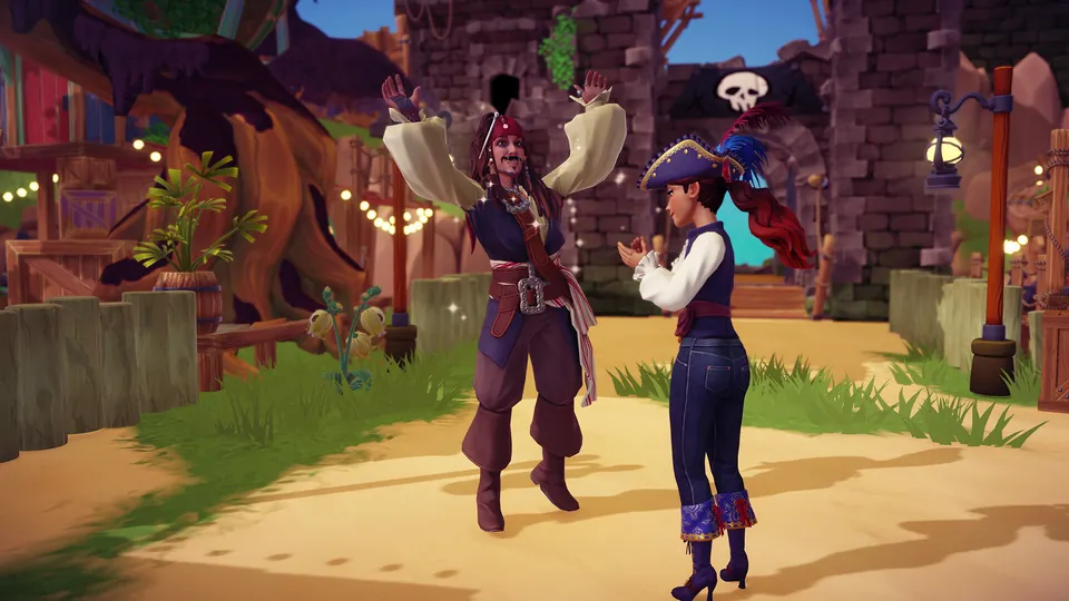 A pirate in a red bandana dances in a sunny pirate-town courtyard while an avatar in a feathered tricorn hat claps beside a fortress gate with a skull flag