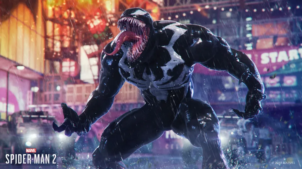 Venom roaring on a rainy city street in Marvel's Spider-Man 2