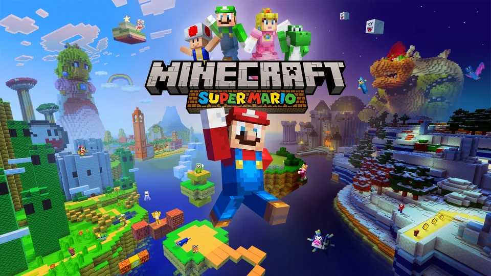 Minecraft Super Mario key art with blocky Mario, Luigi, Peach, Toad and Yoshi over a Mario-themed world and Bowser