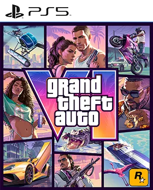 The PS5 box art for Grand Theft Auto VI with Jason, Lucia and other characters around the GTA VI logo