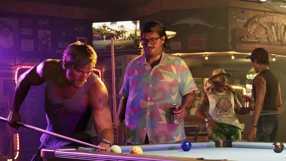 A pool game in a neon-lit bar, with Cal Hampton in glasses and a drink as friends chat in the back, in GTA 6