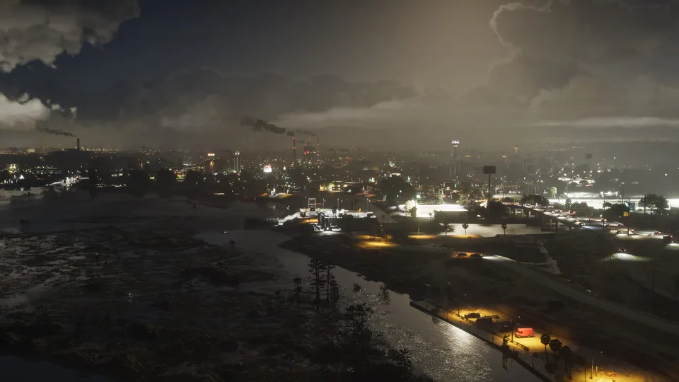 Lights come on over the industrial town of Ambrosia at dusk in GTA 6