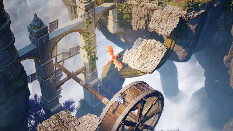 A small orange dragon flies past a giant wooden wheel and crumbling stone towers above the clouds in Split Fiction.