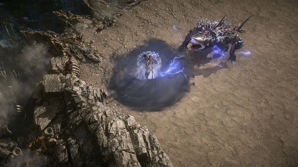 A staff-wielding character inside a protective shield casts lightning at a shark-jawed beast on a sandy shore in Path of Exile 2