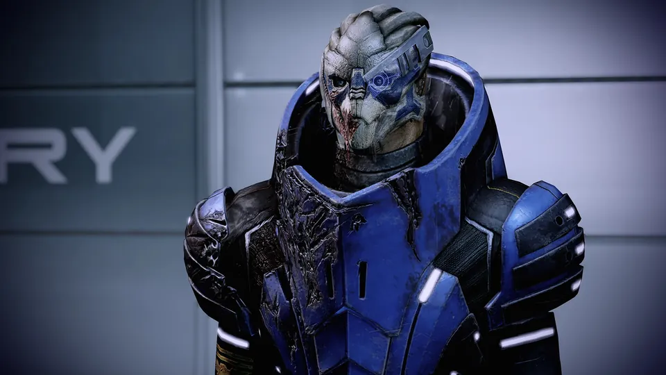 Garrus Vakarian, a turian in blue armor with a scarred face, in Mass Effect Legendary Edition