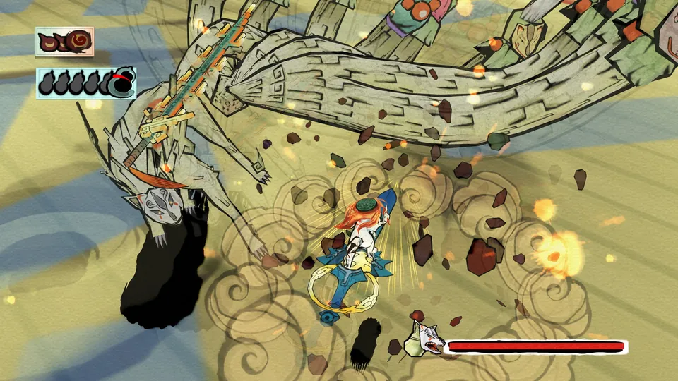 Amaterasu battles a giant stone serpent in a swirl of painted clouds in Okami HD