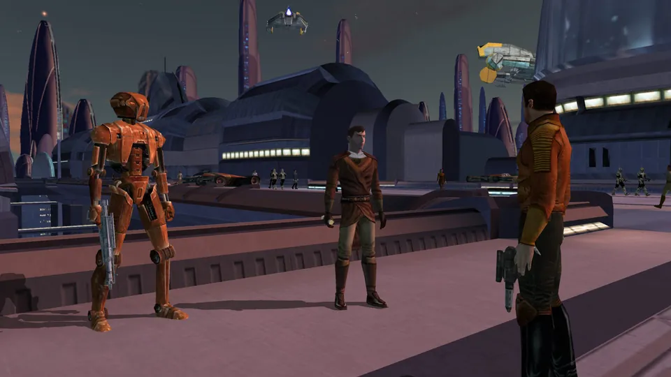 A droid and two characters on a city walkway in Star Wars: Knights of the Old Republic