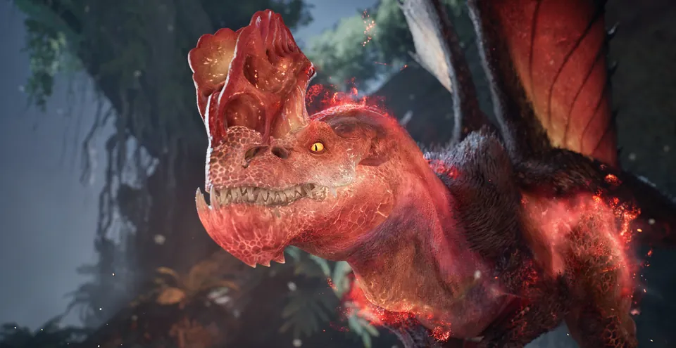 Close-up of a glowing red Radiant monster corrupted by Radiantite in Monster Hunter Outlanders