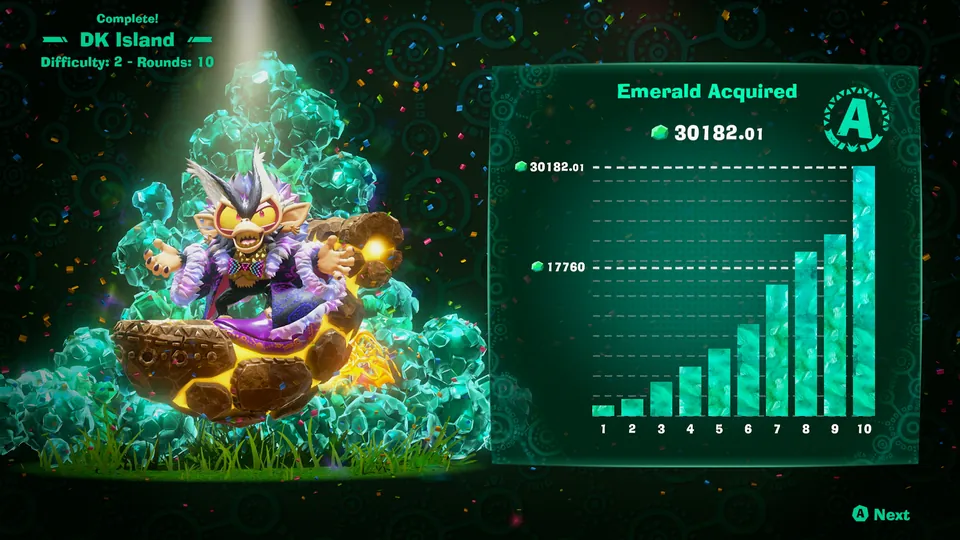 Void Kong sits on a pile of emeralds next to a results screen showing an A rank and 30,182 emerald ore after 10 rounds on DK Island in Emerald Rush