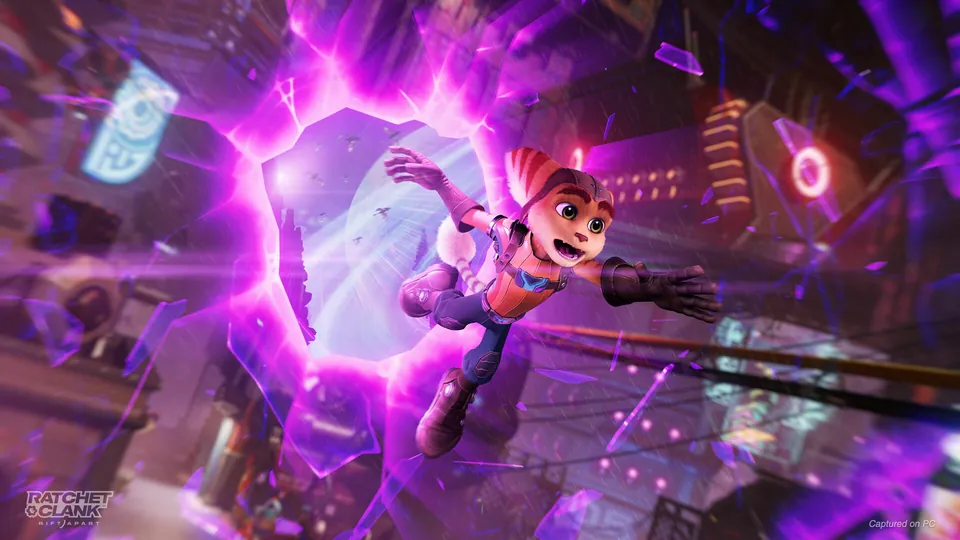 A Lombax leaps through a glowing purple rift in Ratchet & Clank: Rift Apart