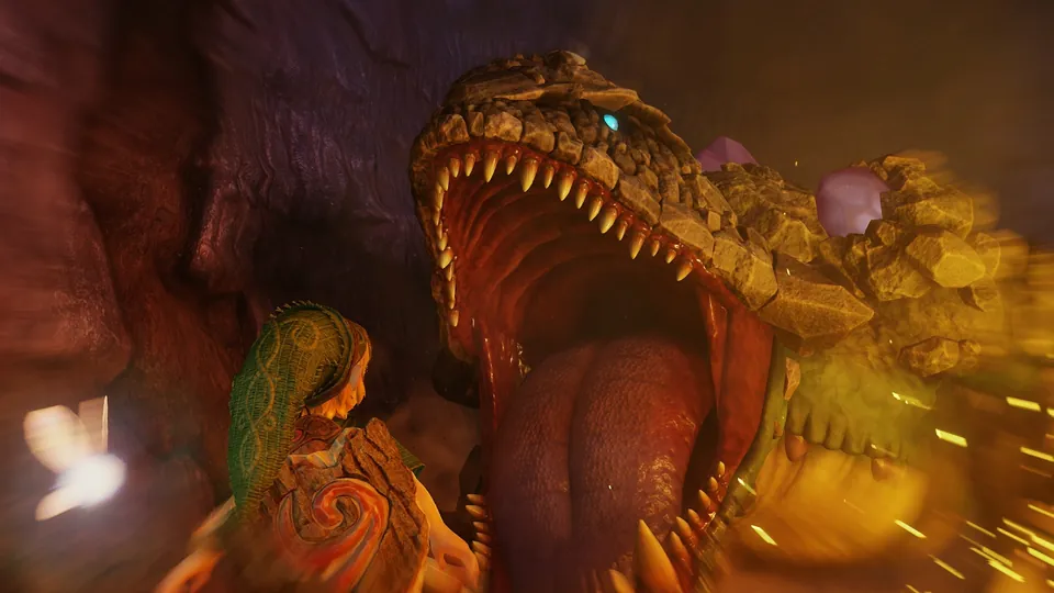 Link faces King Dodongo in Dodongo's Cavern