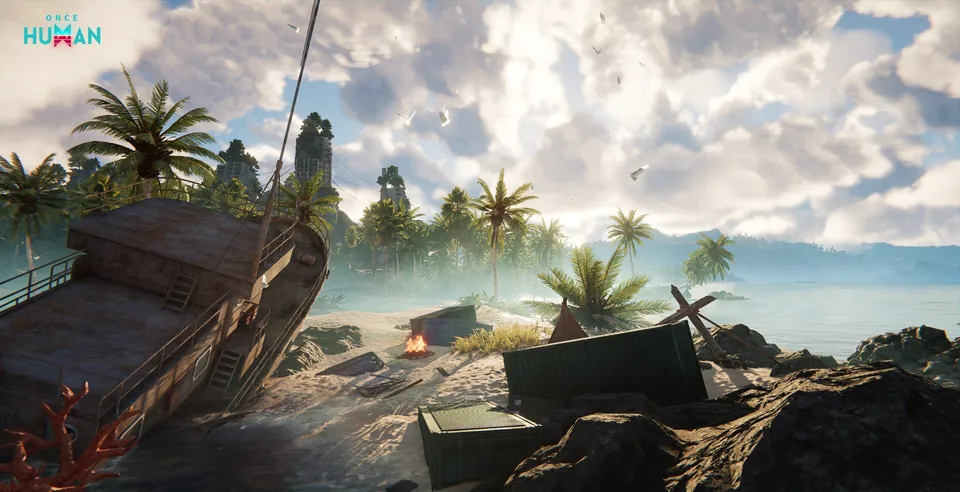Isles of Abyss screenshot: a wrecked wooden ship on a tropical beach with supply crates