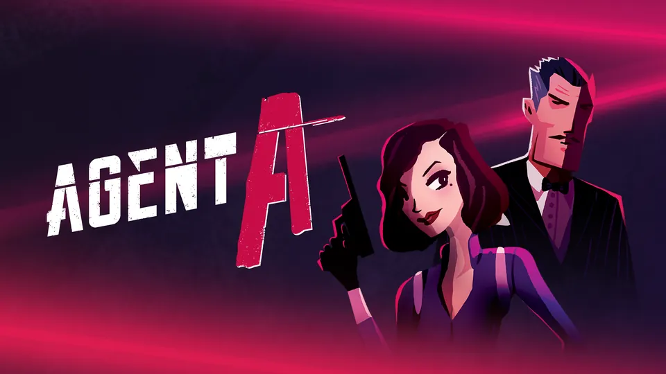 Agent A key art: a spy in a black suit and a woman with a pistol beside the red Agent A logo