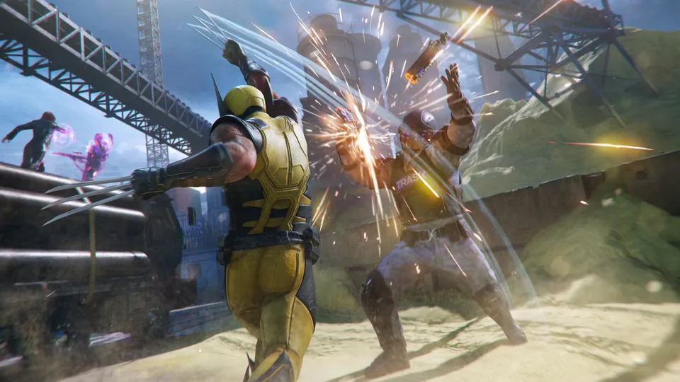 Marvel's Wolverine image: Wolverine slashes at an enemy beside a steel bridge as sparks fly
