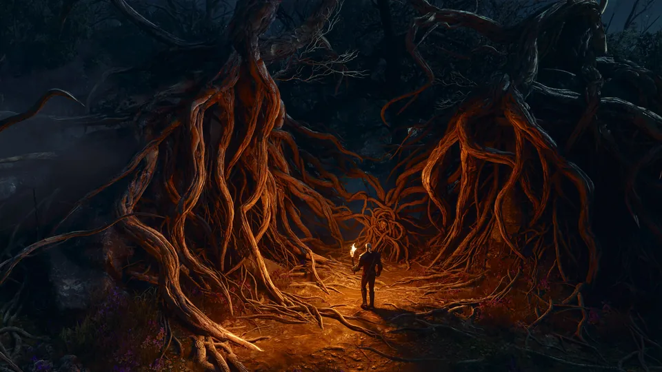 Geralt walks with a torch through a tunnel of giant glowing roots in The Witcher 3: Songs of the Past