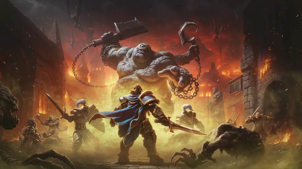 An armored knight in a blue cape faces a giant abomination swinging chained cleavers in a burning city in Warcraft III: Forsaken Kingdom