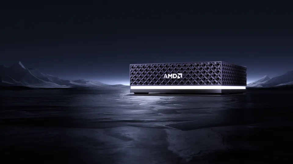 The AMD Ryzen AI Halo mini PC on a dark reflective surface