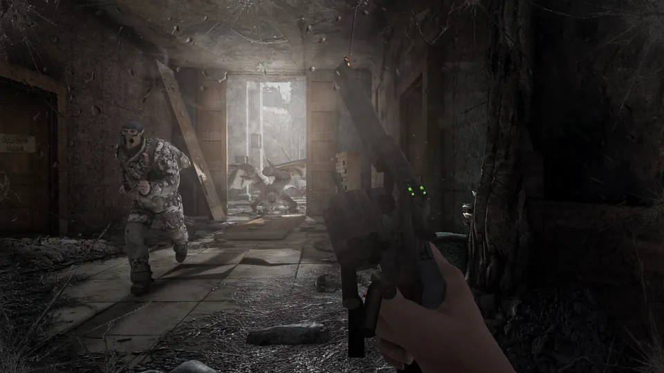 A masked raider in camouflage charges down a ruined corridor toward the player's revolver in Metro Redux