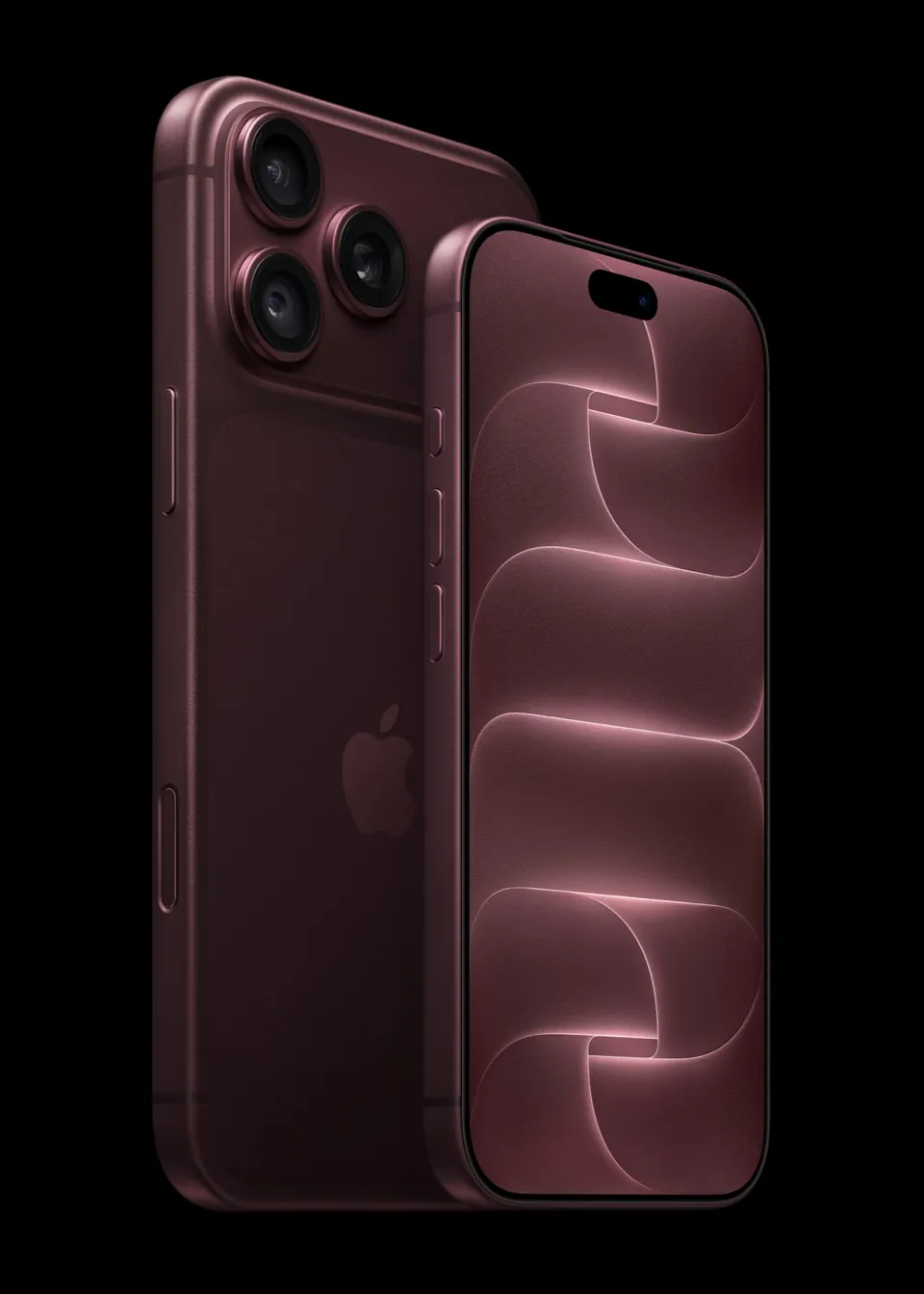 The front of a burgundy iPhone 18 Pro next to the back of a burgundy iPhone 18 Pro Max