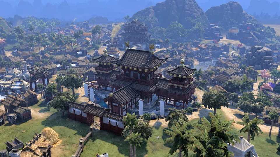 A Japanese palace complex with tiered roofs surrounded by a city and forested hills, from the Brush and Blade Collection.