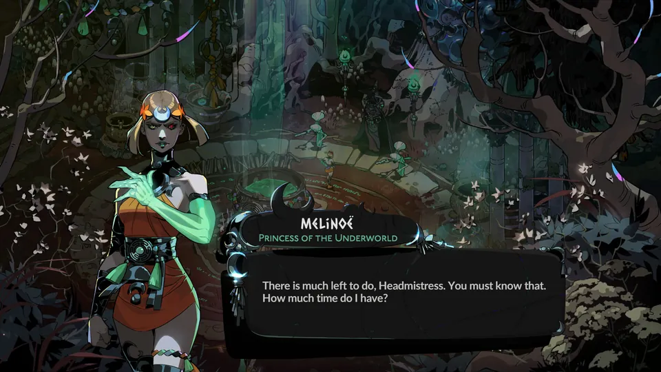 Melinoë, Princess of the Underworld, speaks in a dialogue box in a dark forest in Hades II