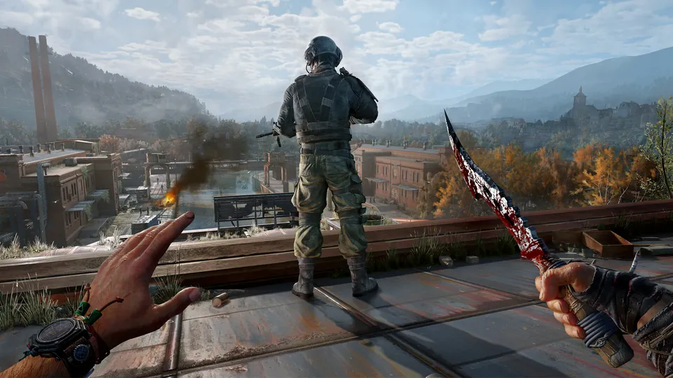 A soldier stands on a rooftop over the Castor Woods valley in Dying Light: The Beast, seen from first person with a bloody knife
