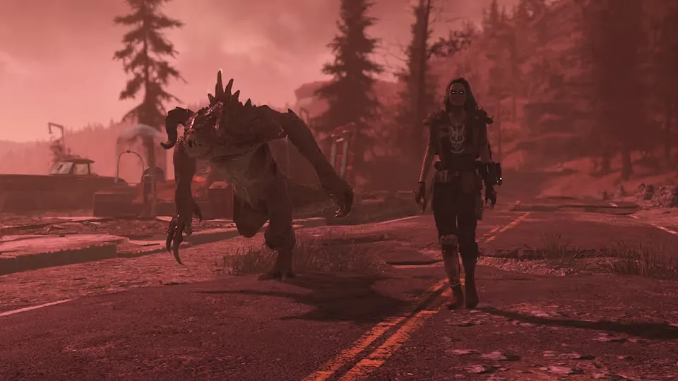 A player walks through a red, foggy forest alongside a large mutated creature in Fallout 76's World Pets update