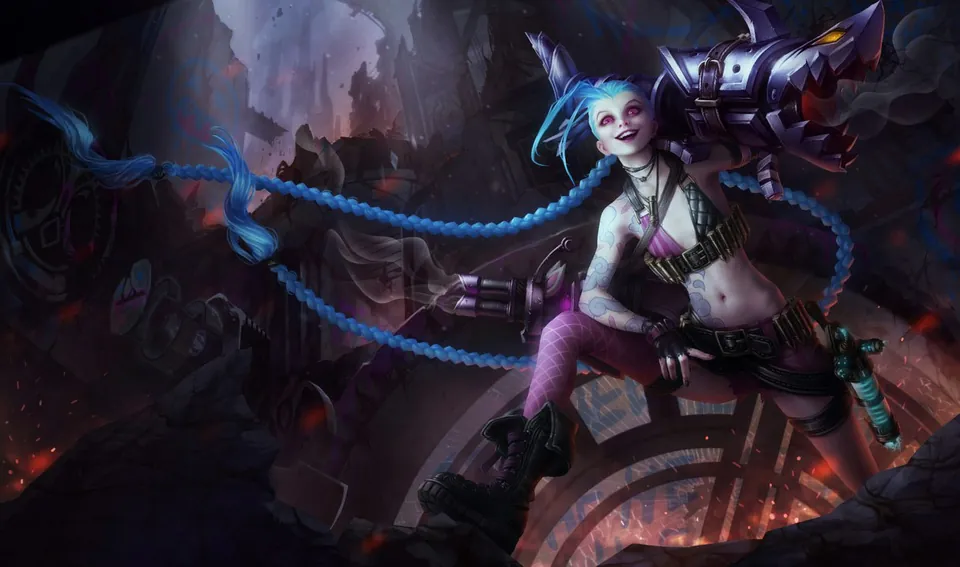Jinx sits on a broken clock tower with a shark-shaped rocket launcher on one shoulder and long blue braids