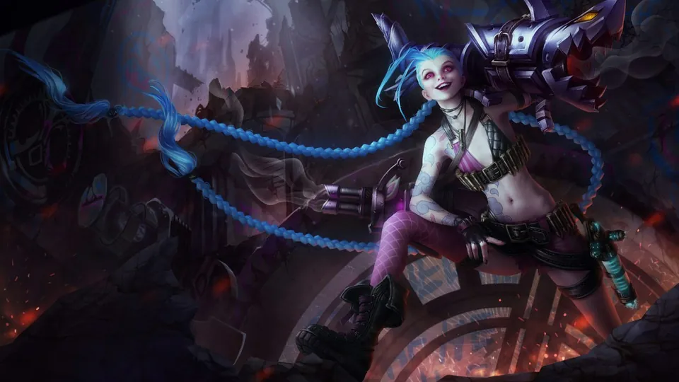 Jinx sits on a broken clock tower with a shark-shaped rocket launcher on one shoulder and long blue braids