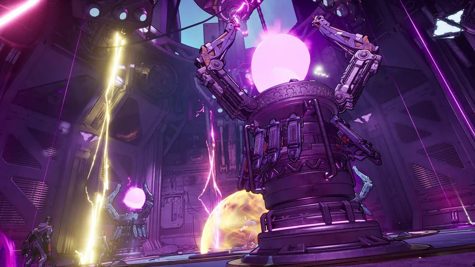 A glowing purple machine with lightning arcs inside a lab