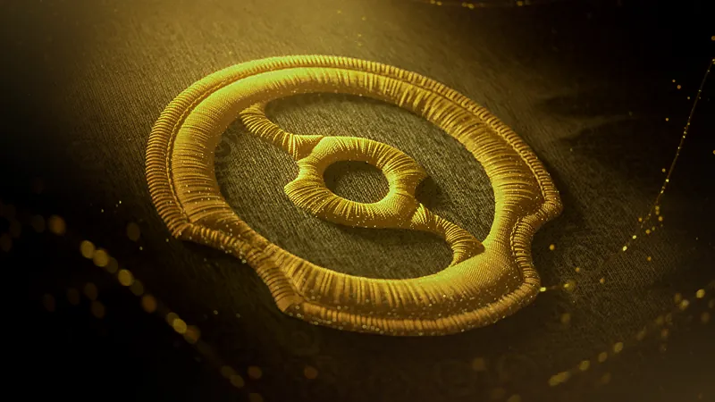 Gold embroidered Dota 2 emblem on dark fabric with floating golden sparks